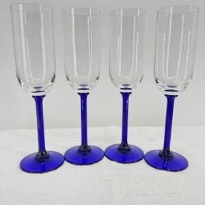 Vtg‎ Luminarc Champagne Flutes Colbalt Blue Beveled Stem 8.75"H 2"W Set Of 4